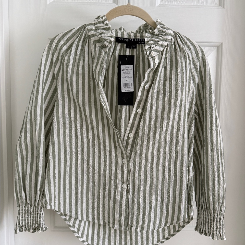 Veronica Beard Green Buttoned Bib Collar Top